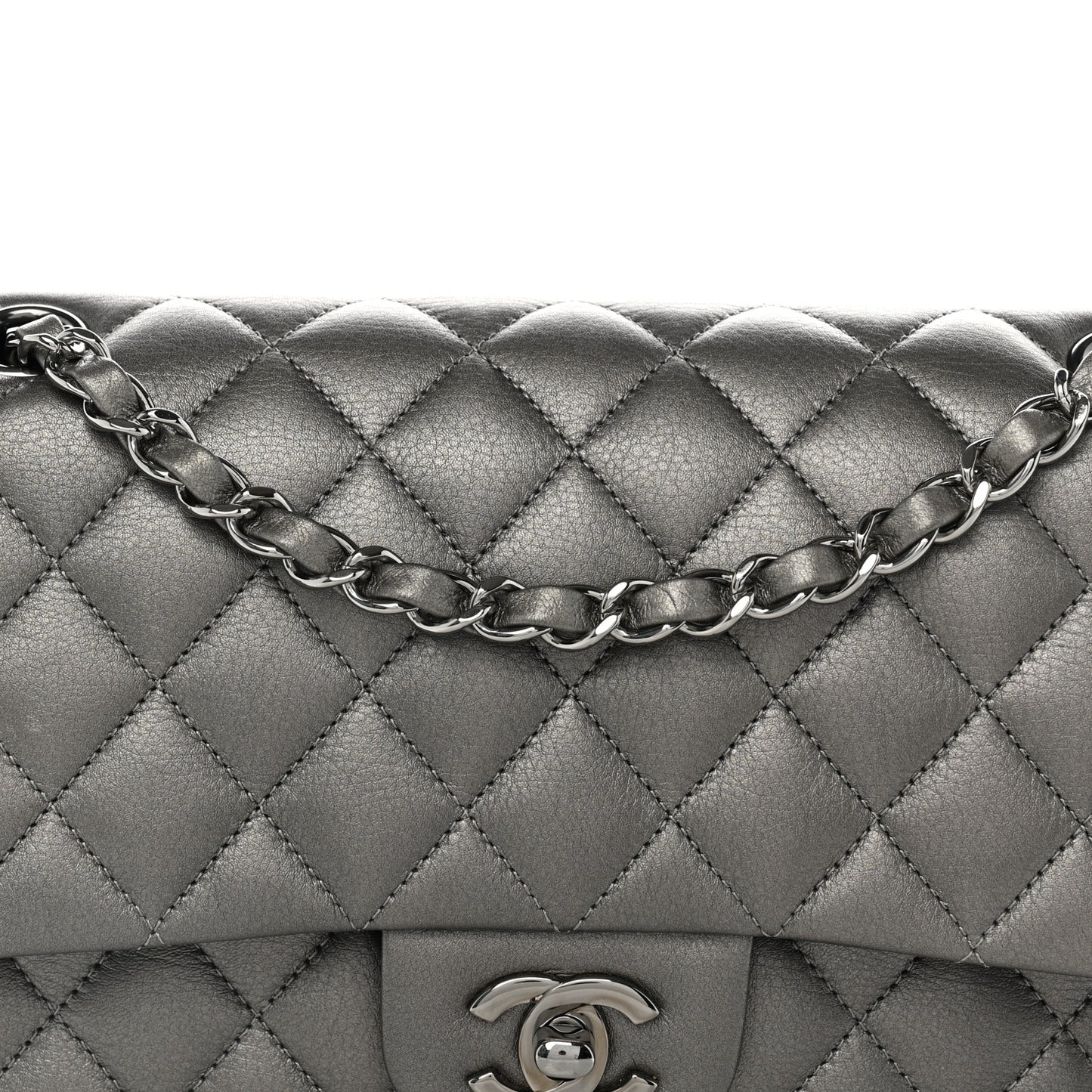 Metallic Calfskin Quilted Medium Double Flap Ruthenium Ruthenium