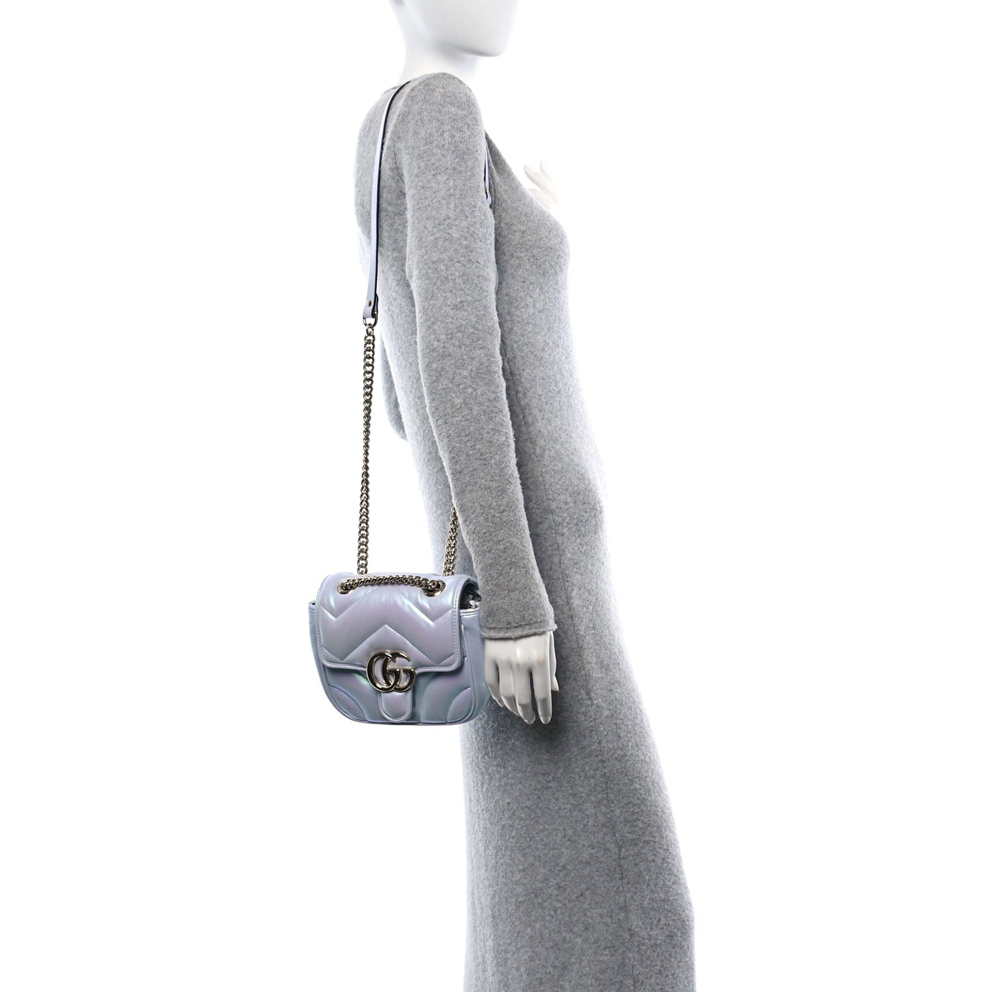 Iridescent Nappa Chevron Matelasse Mini GG Marmont Shoulder Bag Iridescent Snow Light Blue