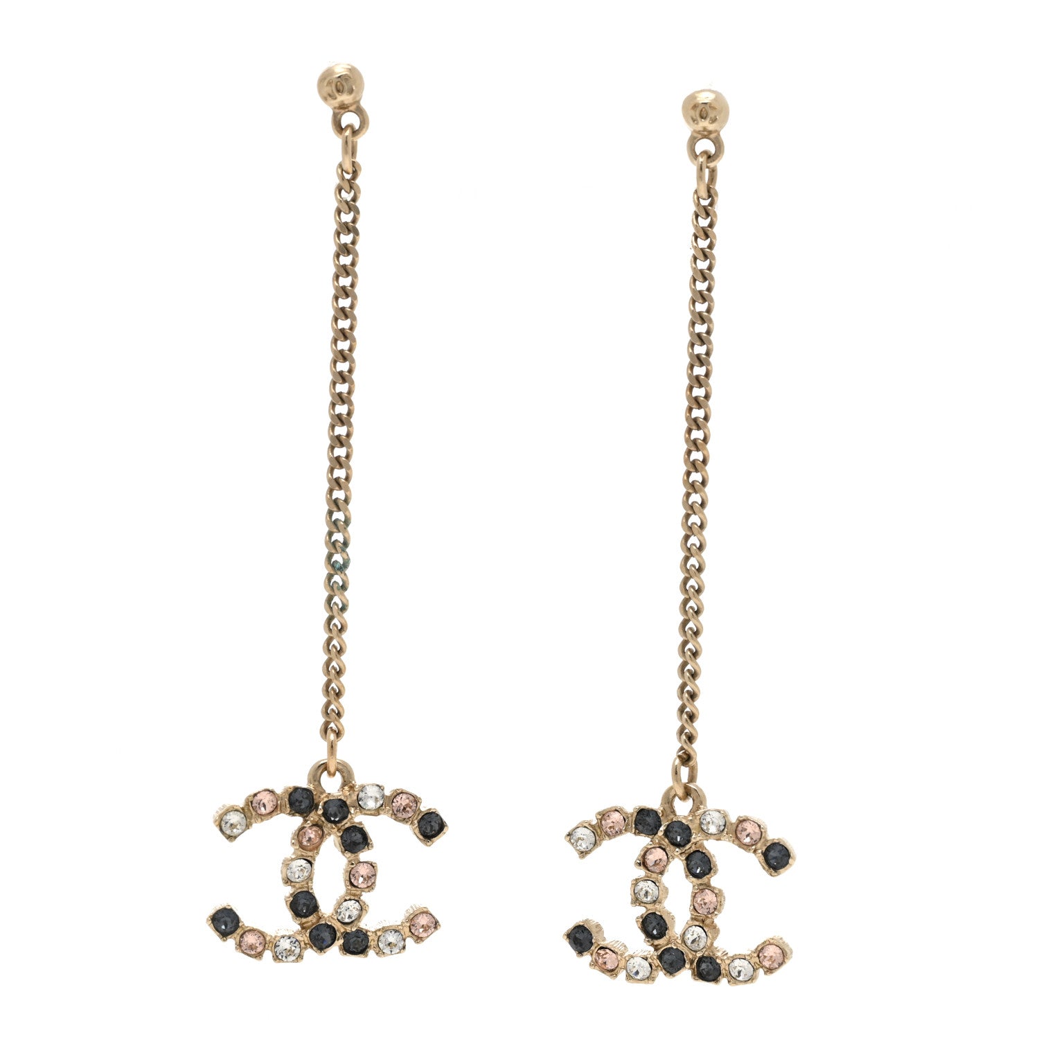 Chanel Crystal CC Drop Earrings Pink Grey Gold 1 of 3