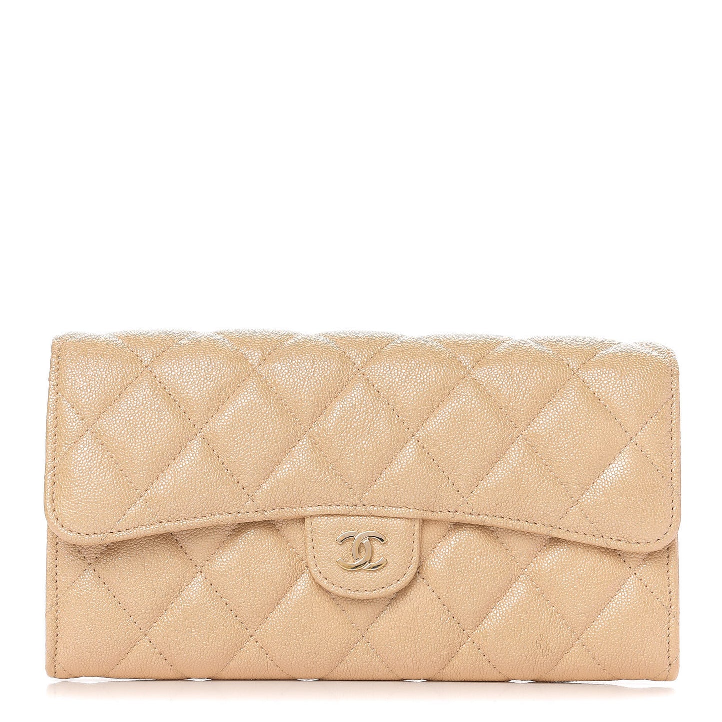 Iridescent Caviar Quilted Long Flap Wallet Beige