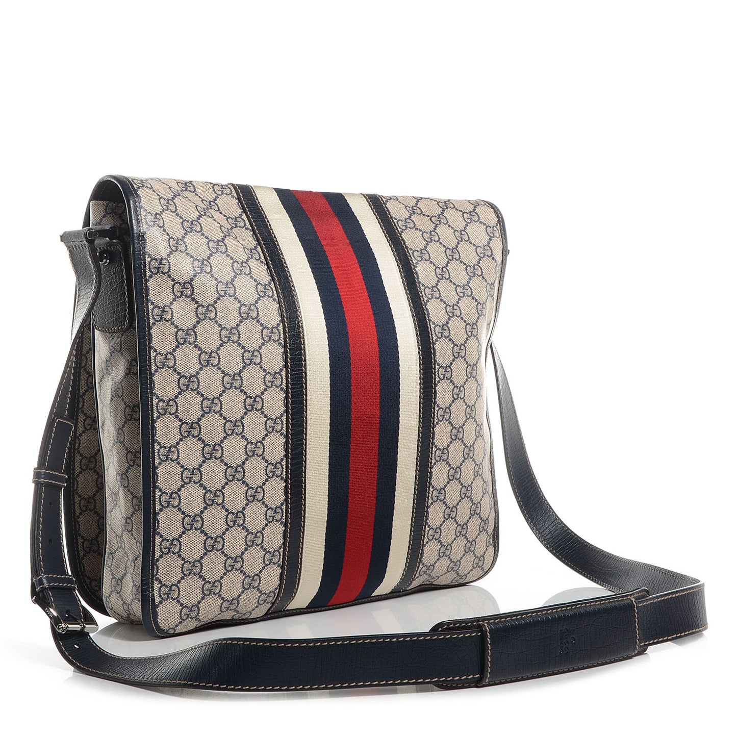 GG Plus Monogram Vintage Web Large Flap Messenger Bag Beige Navy Blue