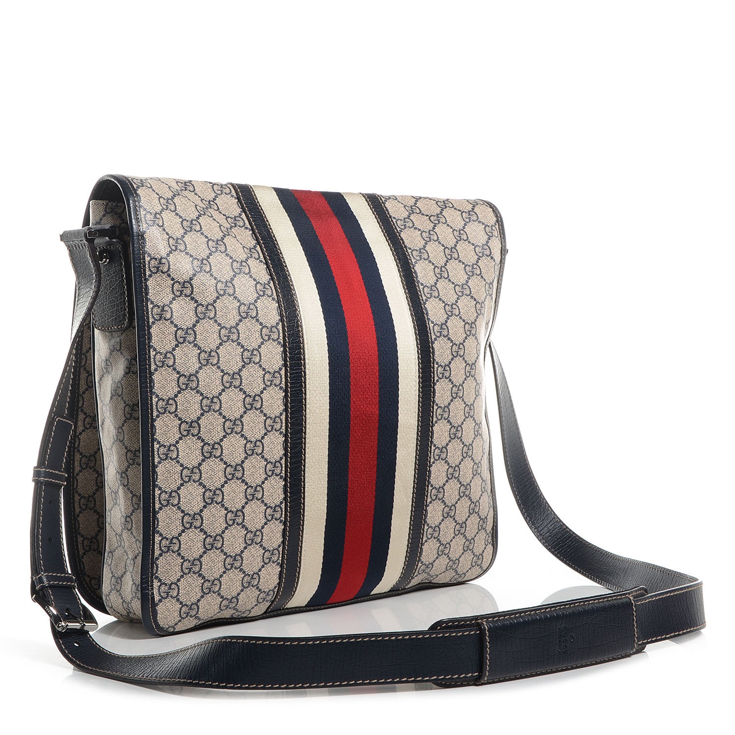 Gucci GG Plus Monogram Vintage Web Large Flap Messenger Bag Beige Navy Blue 3 of 7