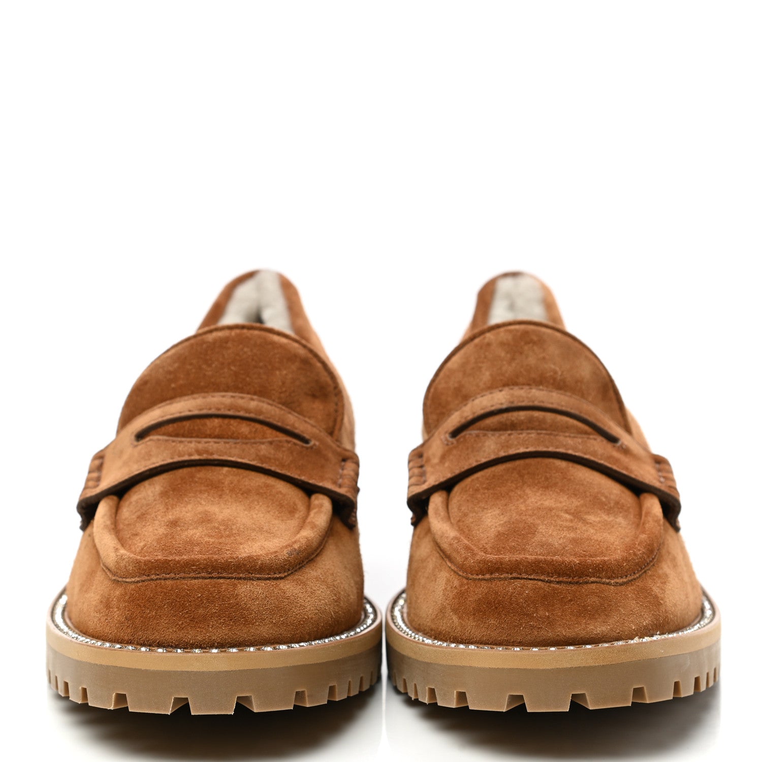 Jimmy Choo Suede Shearling Crystal Deanna Penny Loafers 40.5 Natural Tan 2 of 7