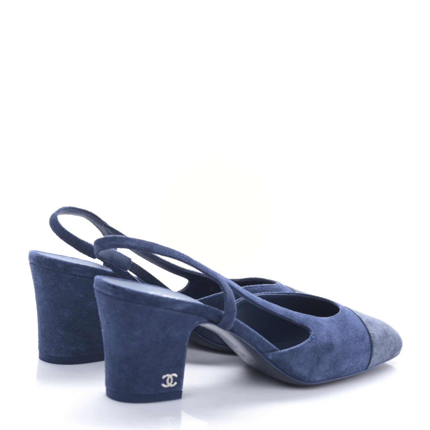 Chanel Suede Cap Toe CC Slingback Pumps 37.5 Blue Black 9 of 16