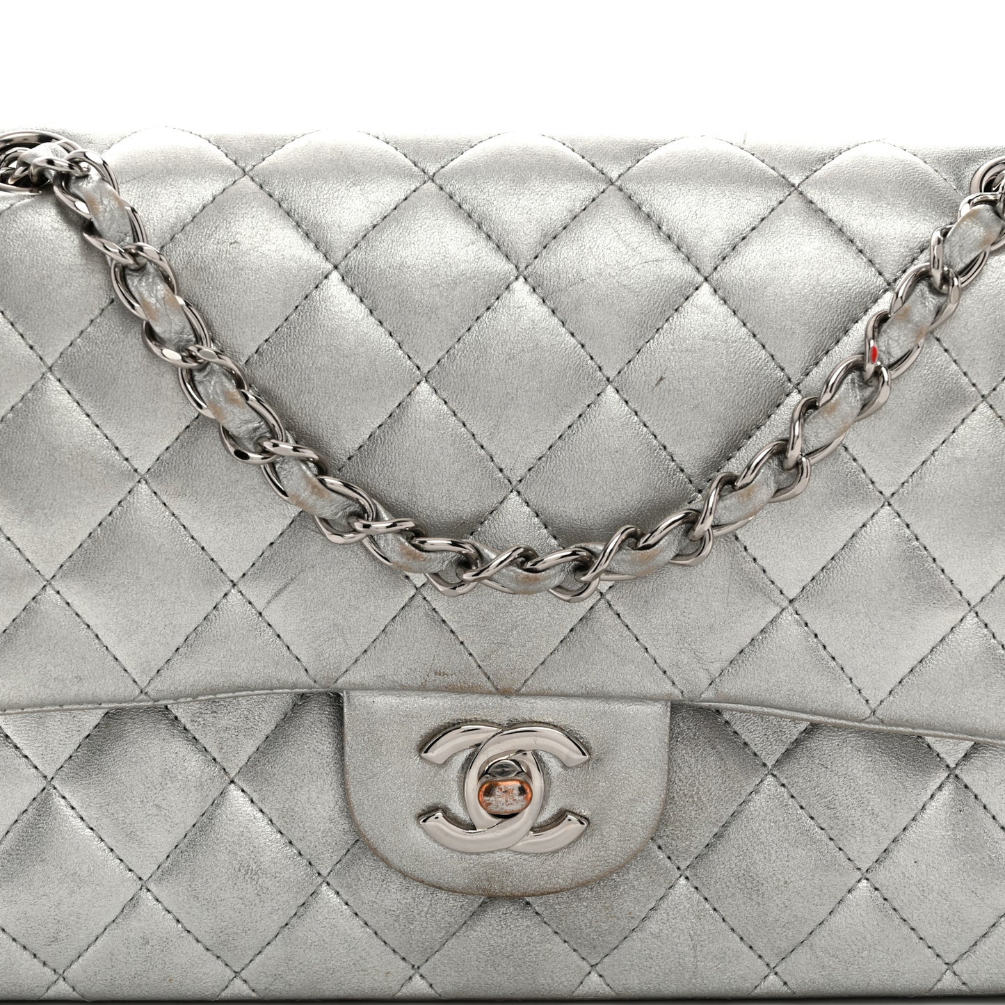 Metallic Lambskin Quilted Medium Double Flap Silver
