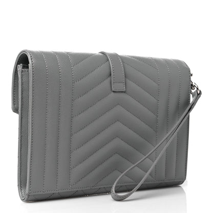 Saint Laurent Grain De Poudre Textured Mixed Matelasse Triquilt Monogram Clutch Storm 3 of 10