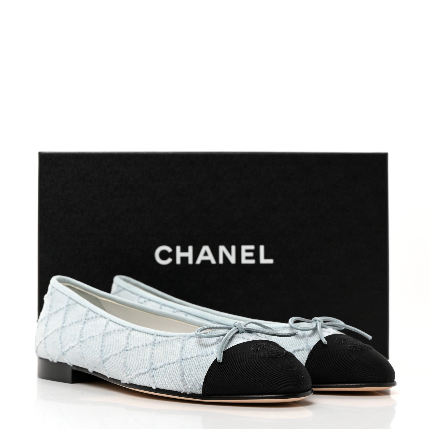 Chanel Denim Embroidered Grosgrain CC Cap Toe Ballerina Flats 37.5 Blue Black 10 of 10