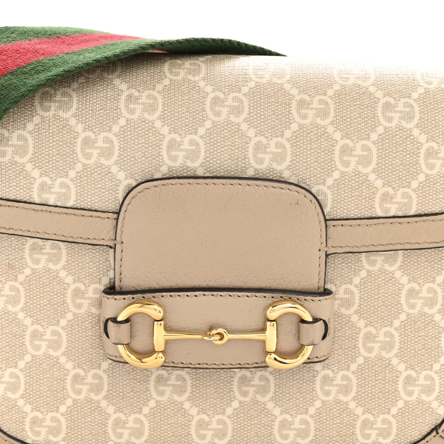 GG Supreme Monogram Textured Dollar Calfskin Web Mini Horsebit 1955 Shoulder Bag Beige Mystic White Oatmeal