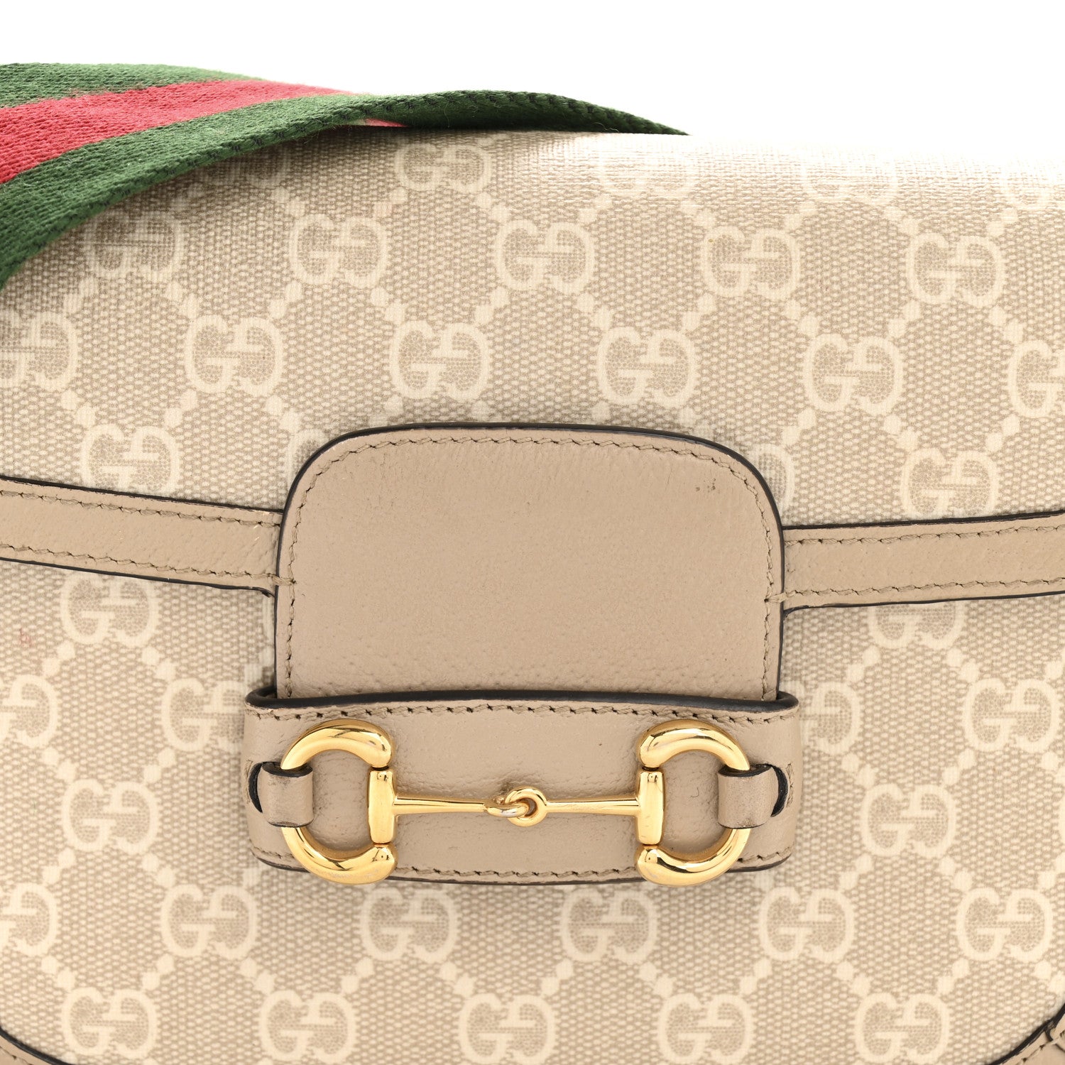 Gucci GG Supreme Monogram Textured Dollar Calfskin Web Mini Horsebit 1955 Shoulder Bag Beige Mystic White Oatmeal 8 of 11