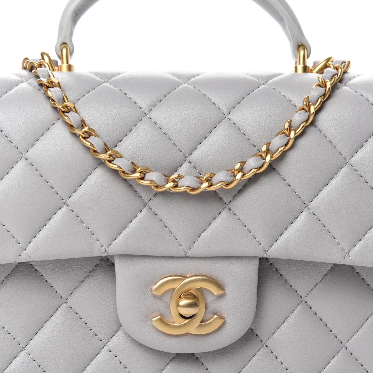 Lambskin Quilted Mini Top Handle Rectangular Flap Grey