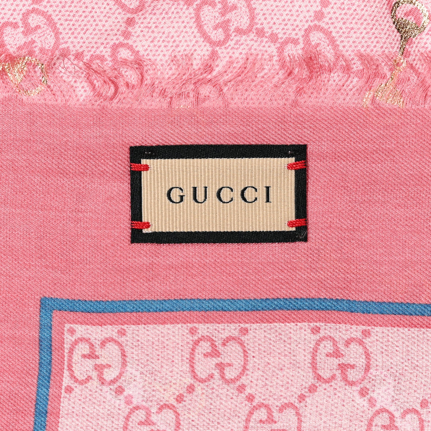 Modal Silk GG Monogram Big Gold Horsebit Fringe Shawl Pink Sky Blue