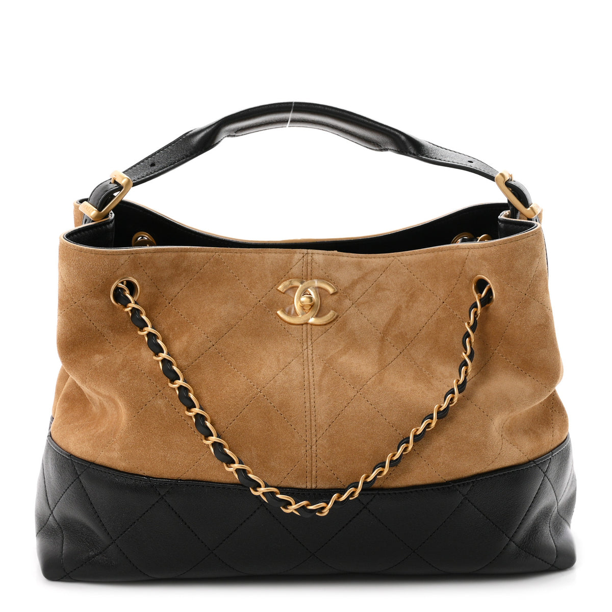Chanel Suede Calfskin Shiny Lambskin Quilted Small Coco Base Shopping Bag Beige Black 1 of 10