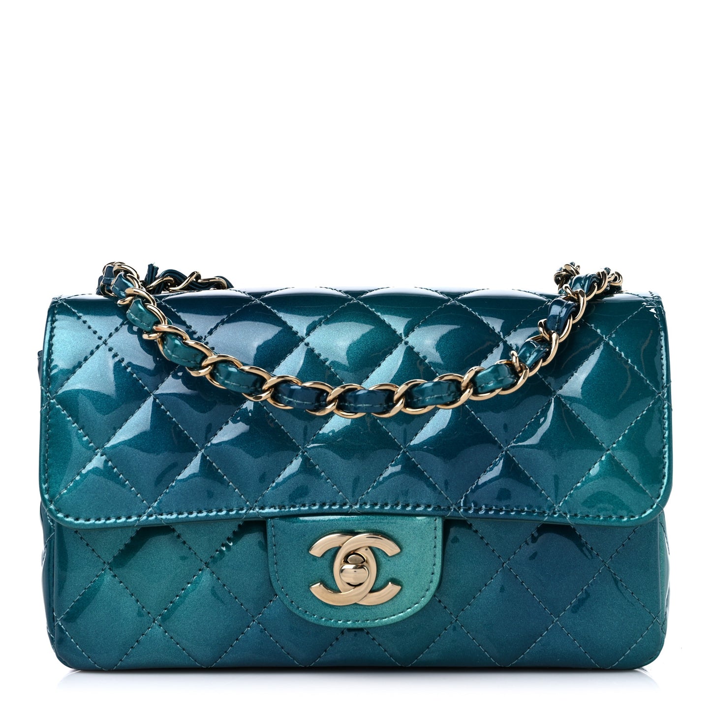 Shaded Patent Calfskin Quilted Mini Rectangular Flap Green Blue