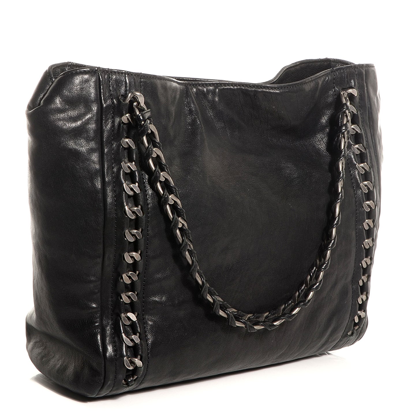 Glazed Calfskin Large Modern Chain Tote Black