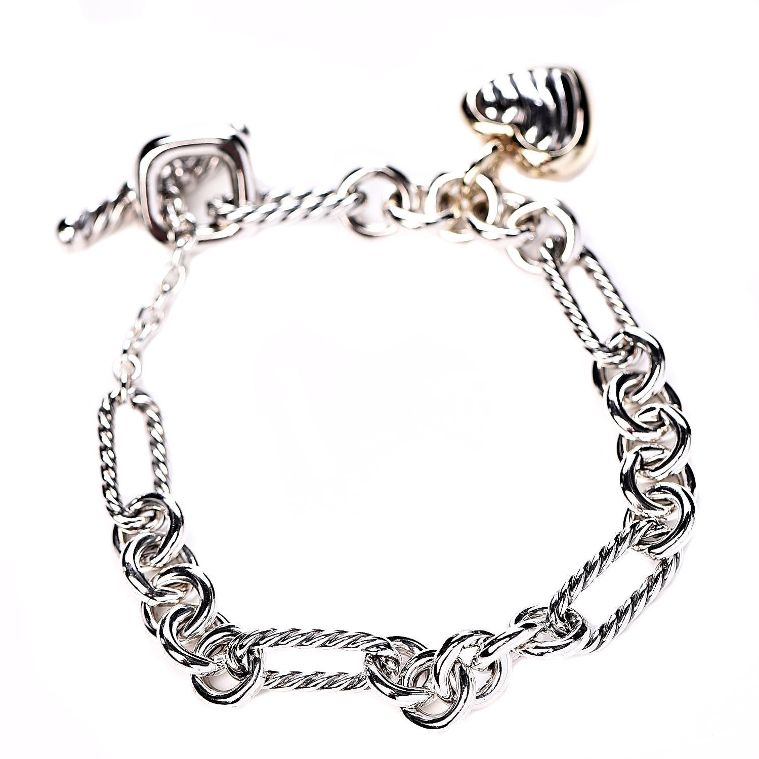 David Yurman Sterling Silver 18K Yellow Gold Cable Heart Charm Bracelet 1 of 4