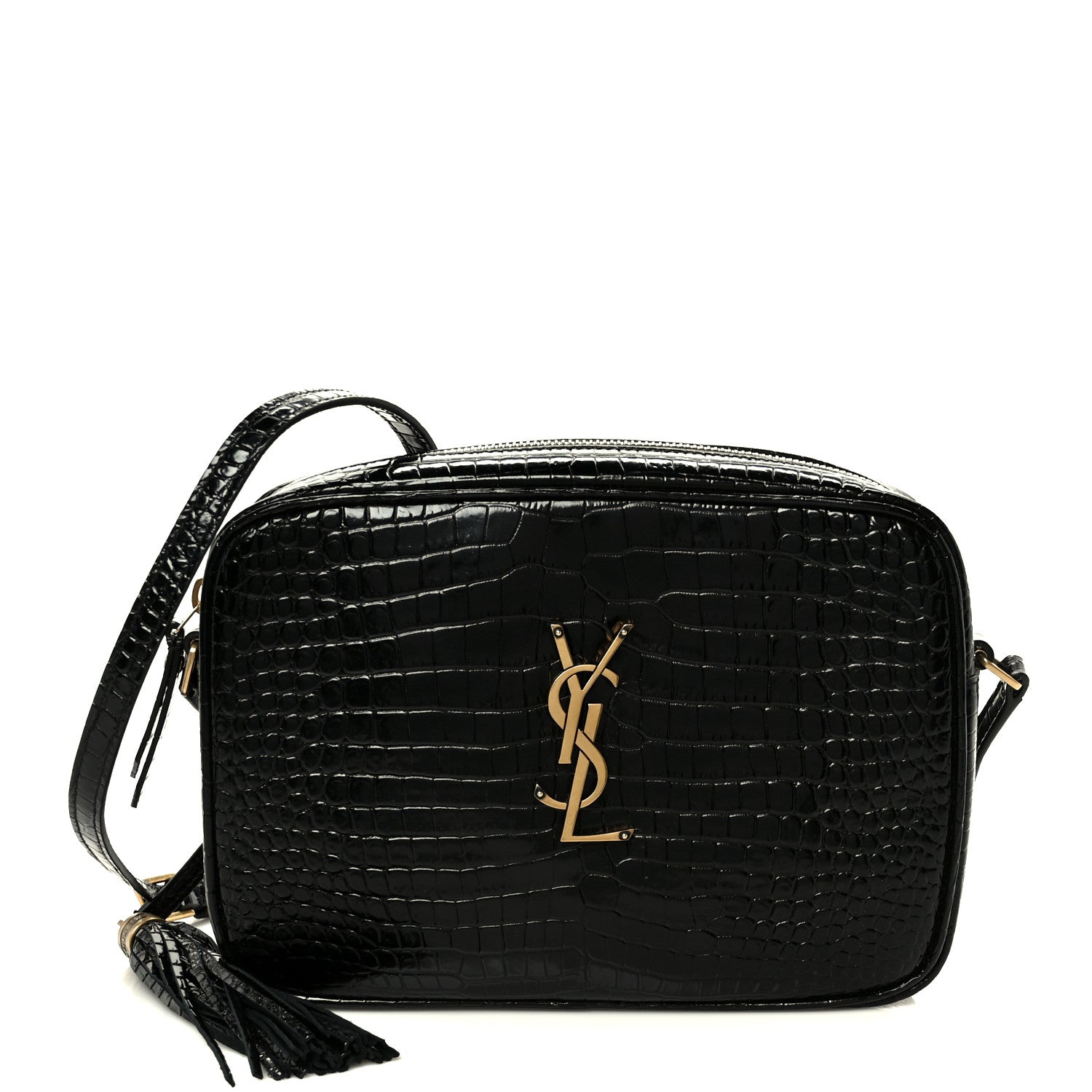 Saint Laurent Patent Calfskin Crocodile Embossed Monogram Lou Camera Bag Black 1 of 10