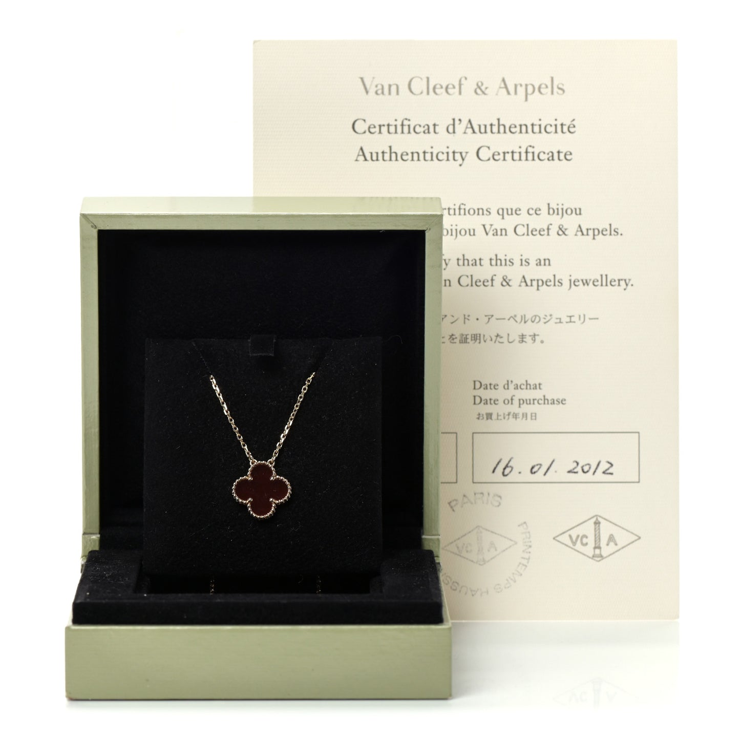 18K Yellow Gold Carnelian Vintage Alhambra Pendant Necklace