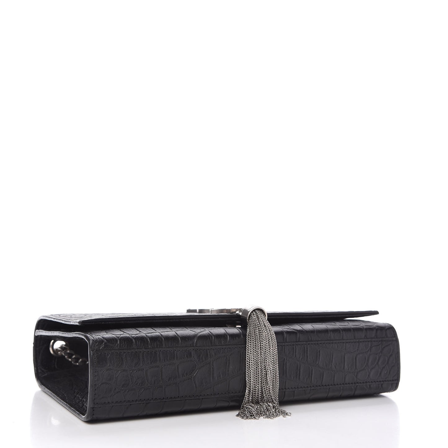 Calfskin Crocodile Embossed Medium Classic Monogram Kate Tassel Satchel Black