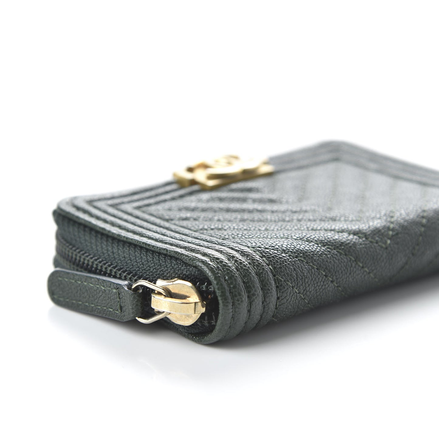 Caviar Chevron Quilted Boy Zip Around Coin Purse Wallet Dark Green