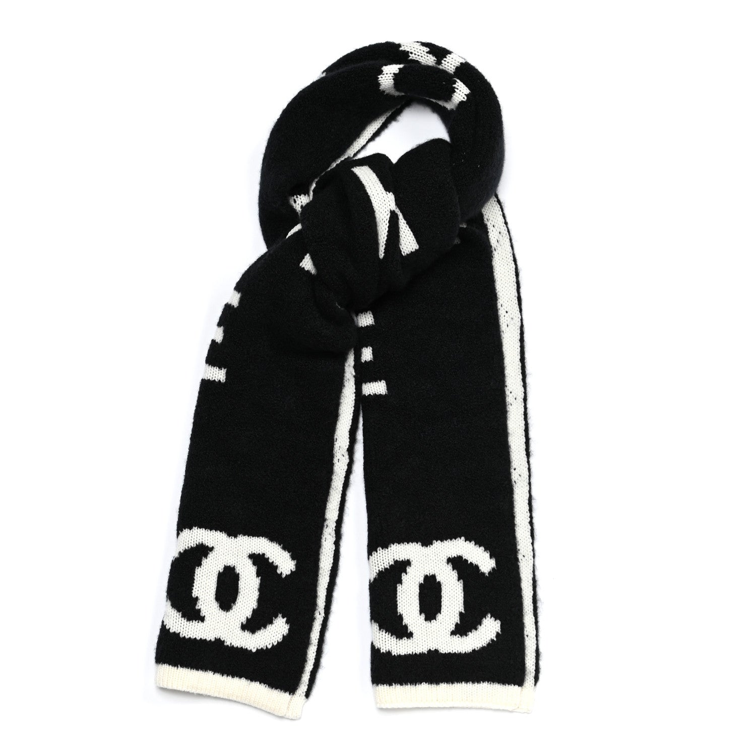 Chanel Wool Cashmere Silk CC Scarf Black White 2 of 8