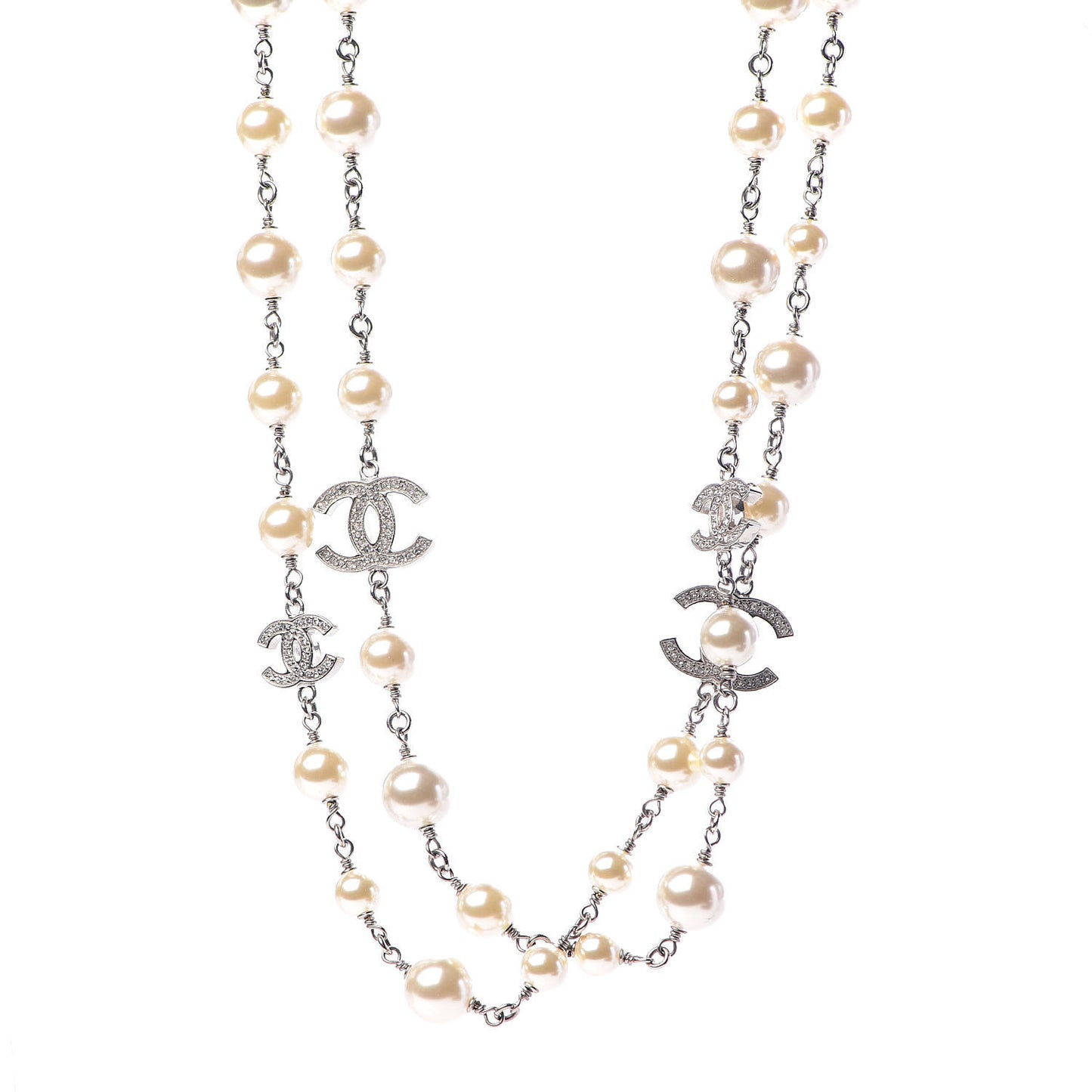 Graduated Pearl Crystal CC Long Necklace Silver