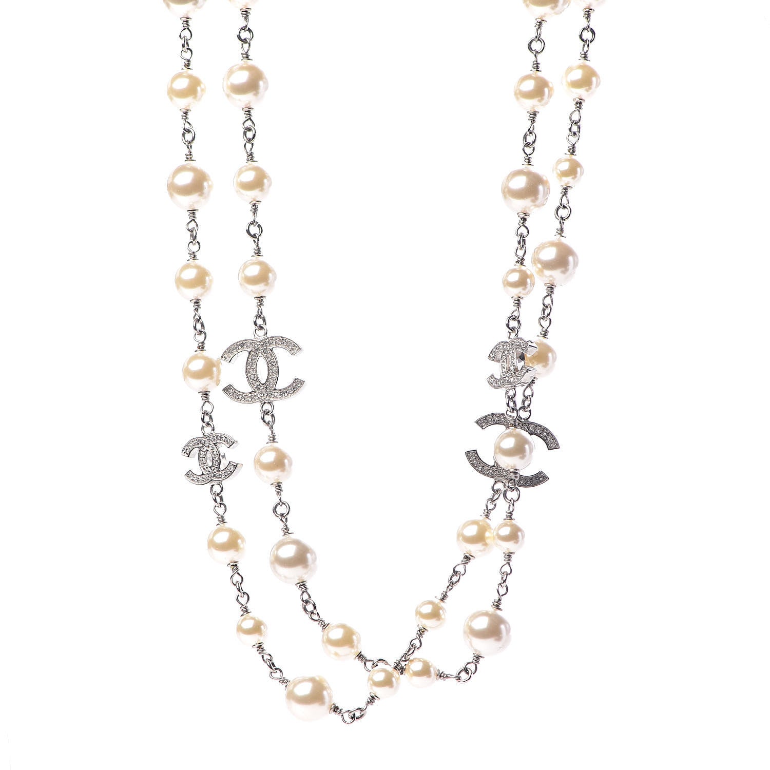 Chanel Graduated Pearl Crystal CC Long Necklace Silver 1 of 5