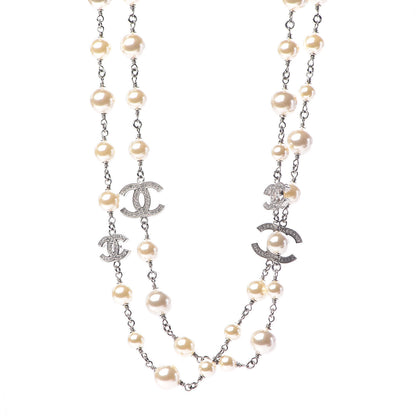 Chanel Graduated Pearl Crystal CC Long Necklace Silver 1 of 5