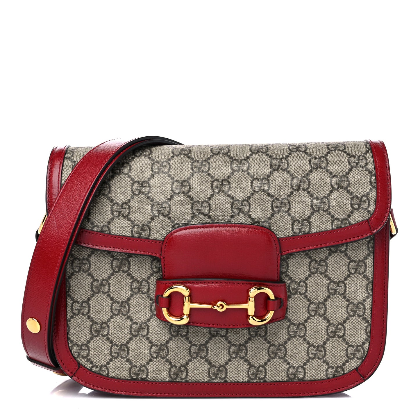 GG Supreme Monogram Azalea Calfskin Horsebit 1955 Shoulder Bag Beige Ebony New Cherry Red
