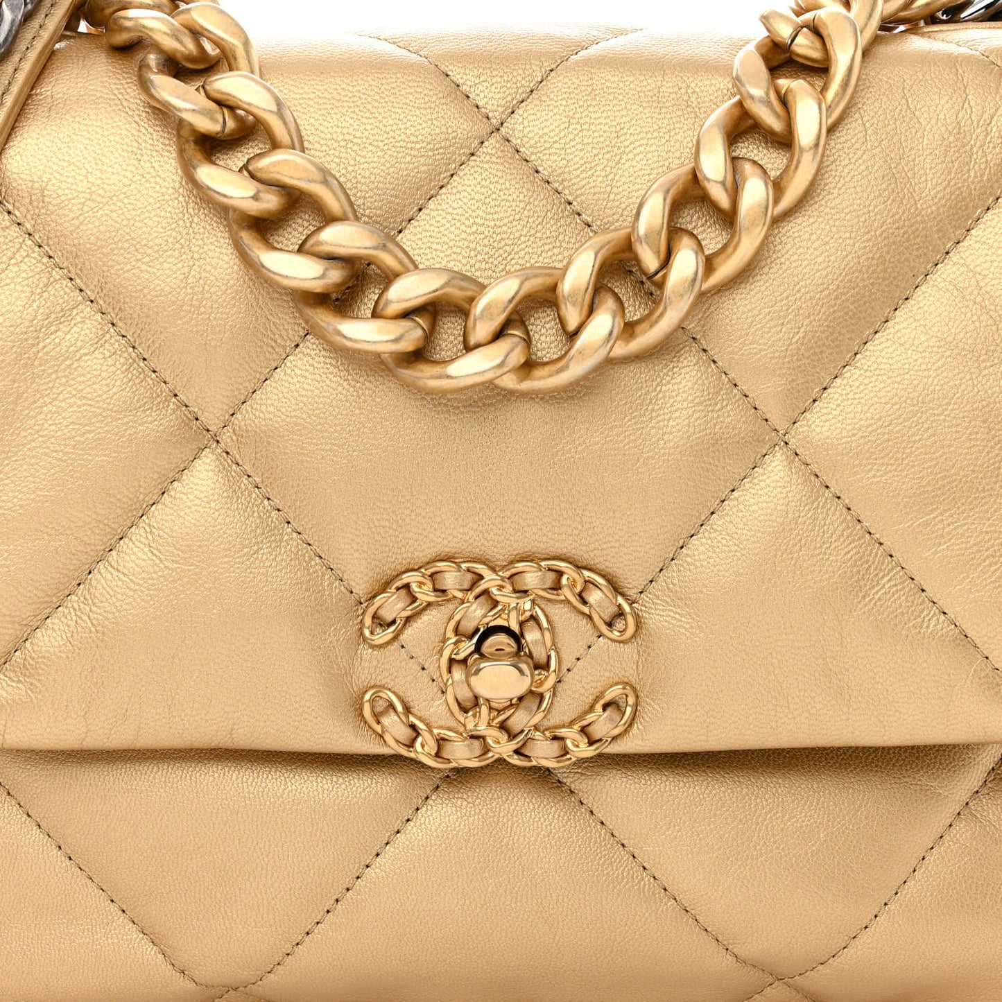Metallic Goatskin Quilted Large Chanel 19 Flap Gold