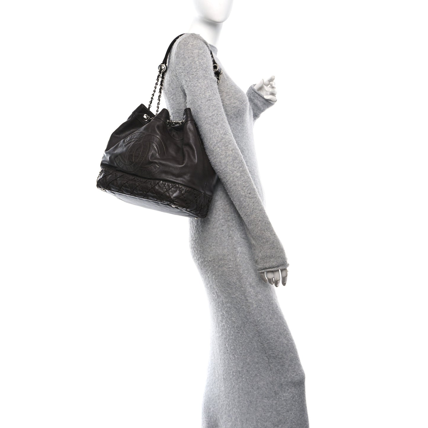 Calfskin Drawstring CC Bucket Bag Dark Brown