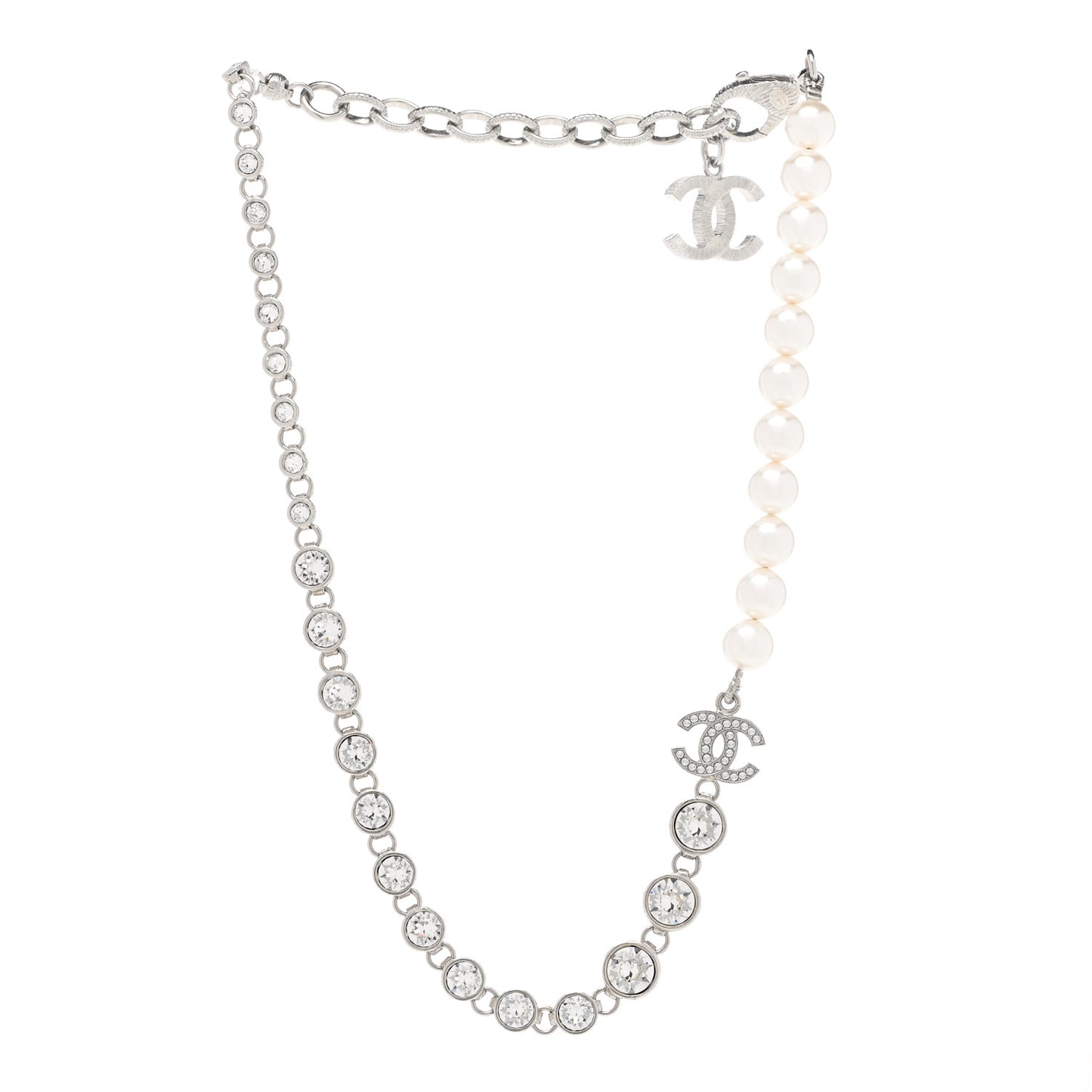 Pearl Crystal CC Choker Necklace Silver