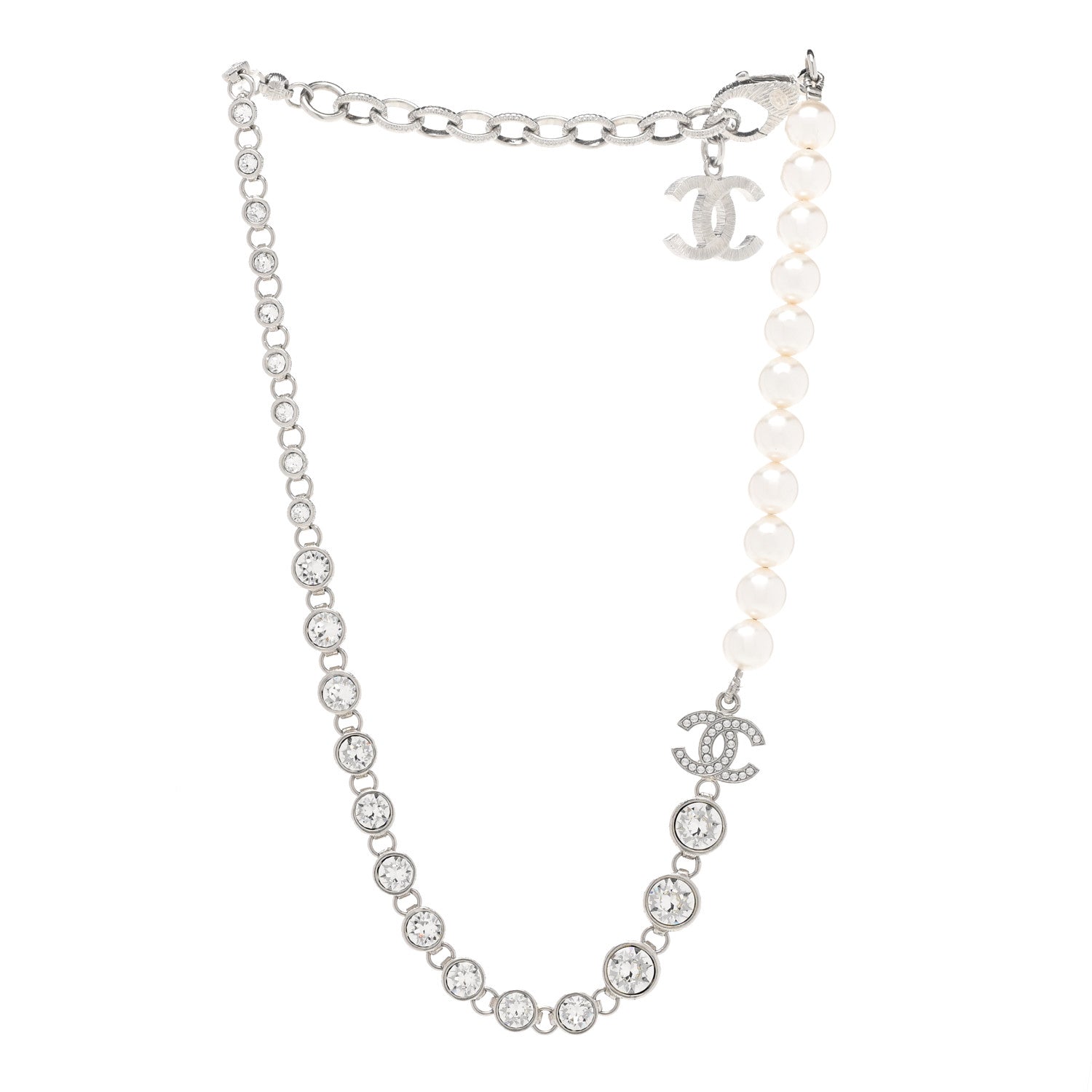 Chanel Pearl Crystal CC Choker Necklace Silver 3 of 6