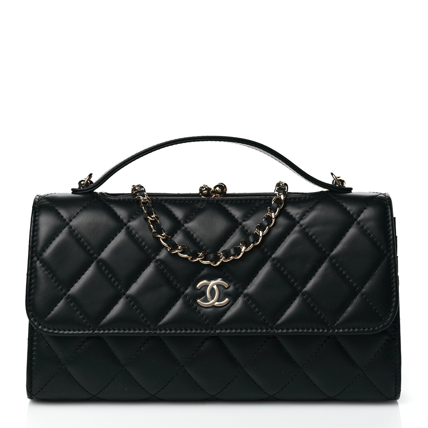 Shiny Calfskin Quilted Flap Phone Holder With Chain Black