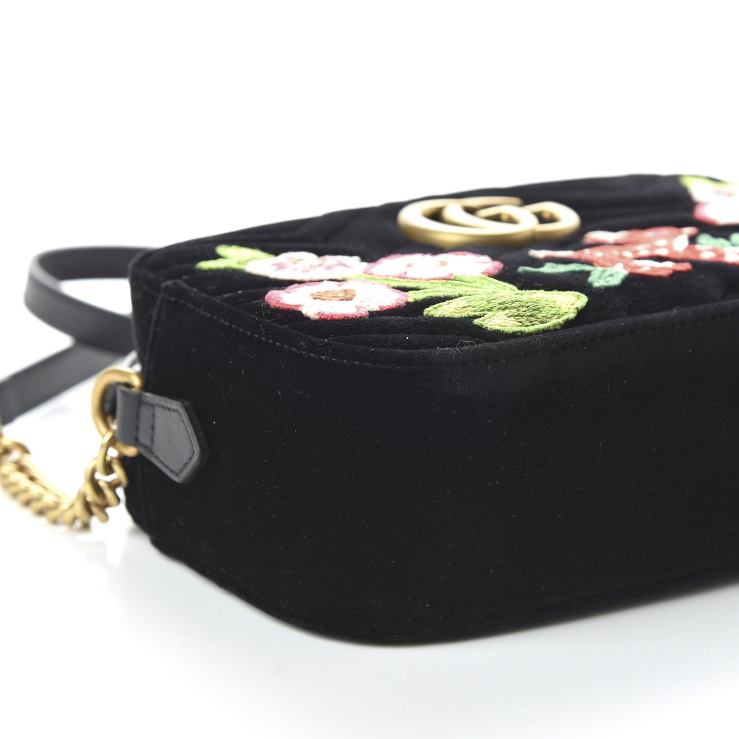 Velvet Matelasse Deer Embroidered Small GG Marmont Chain Shoulder Bag Black