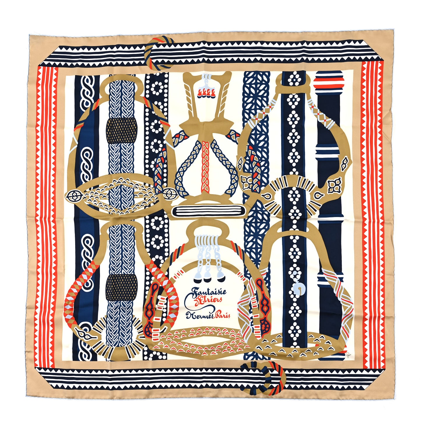 Silk Fantaisie D'etriers Scarf 90 Creme Marine Rouge