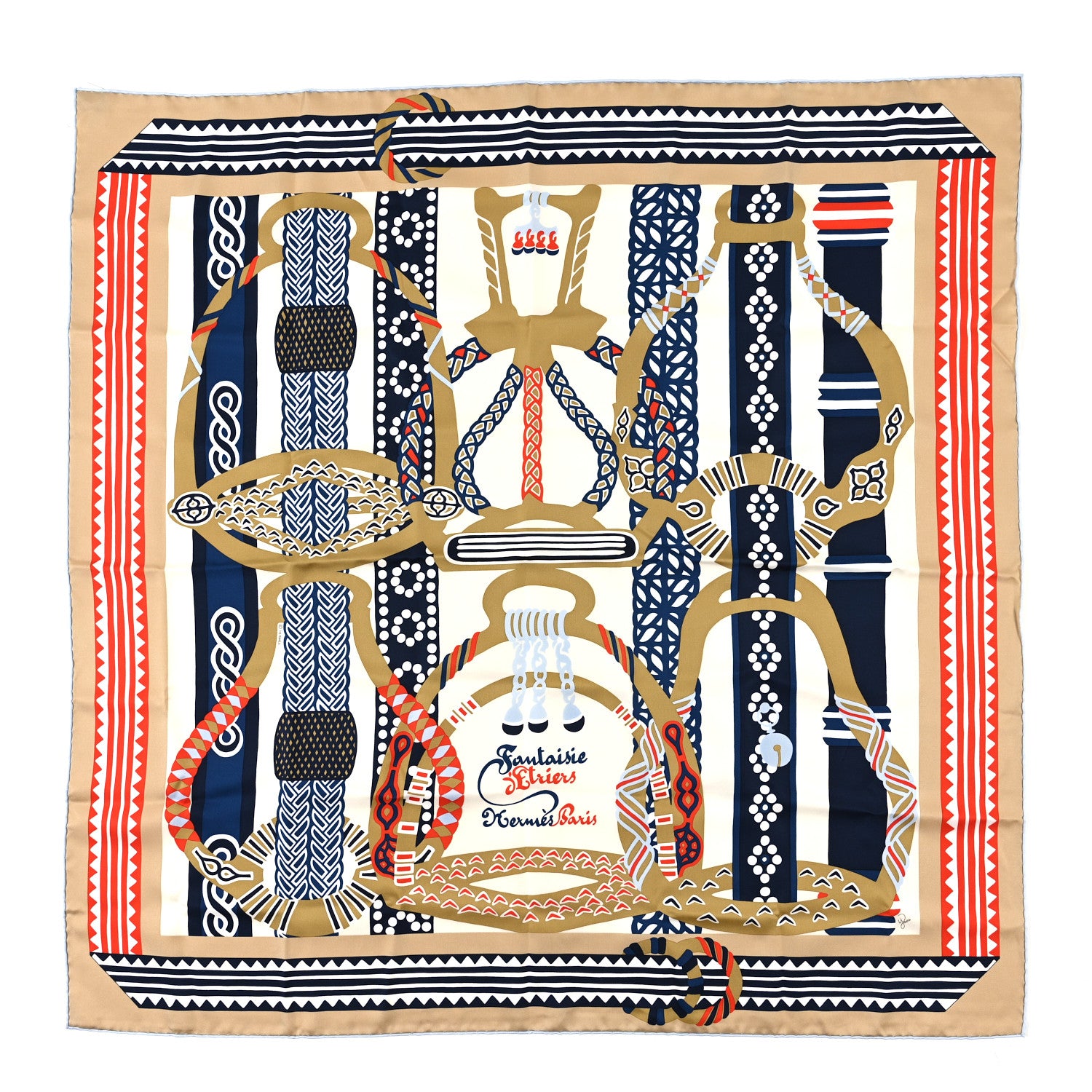 Hermes Silk Fantaisie D'etriers Scarf 90 Creme Marine Rouge 1 of 3