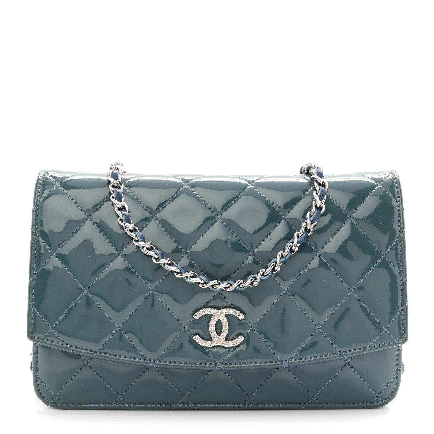 Chanel Patent Quilted Brilliant Wallet On Chain WOC Blue 1 of 12