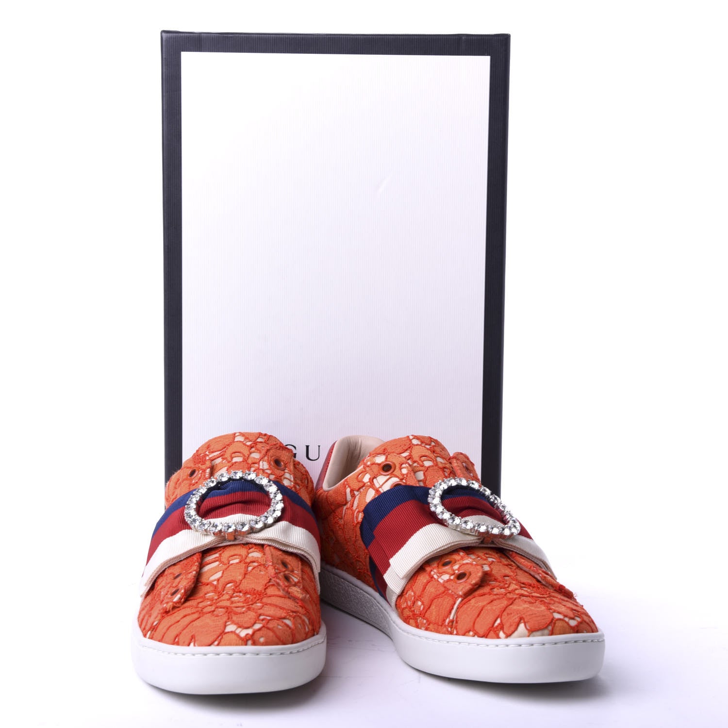 Gucci Lace Crystal Sylvie Web Flower Leaf Womens Ace Sneakers 36.5 Hot Orange Tan Beige 10 of 10