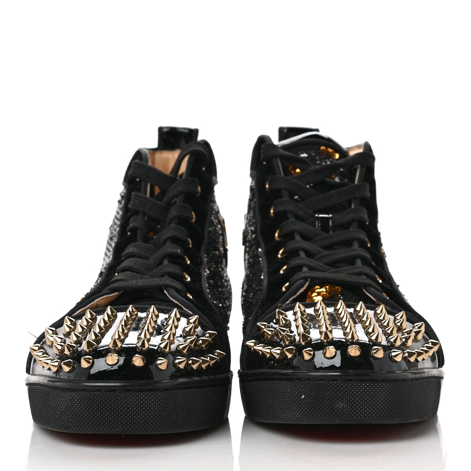 Christian Louboutin Sequin Patent Mens Louis Spikes Orlato Flat Sneakers 45 Black Gold Bronzo 2 of 7