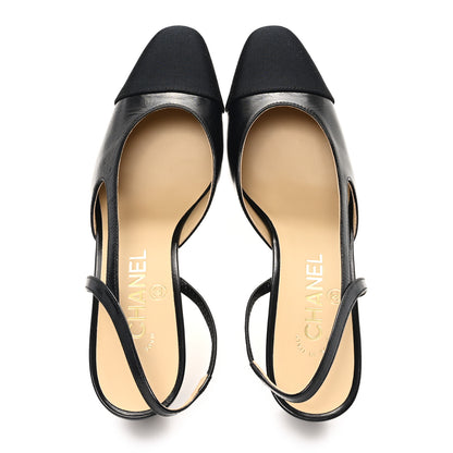 Chanel Goatskin Grosgrain Cap Toe CC Slingback Pumps 37 Black 2 of 10