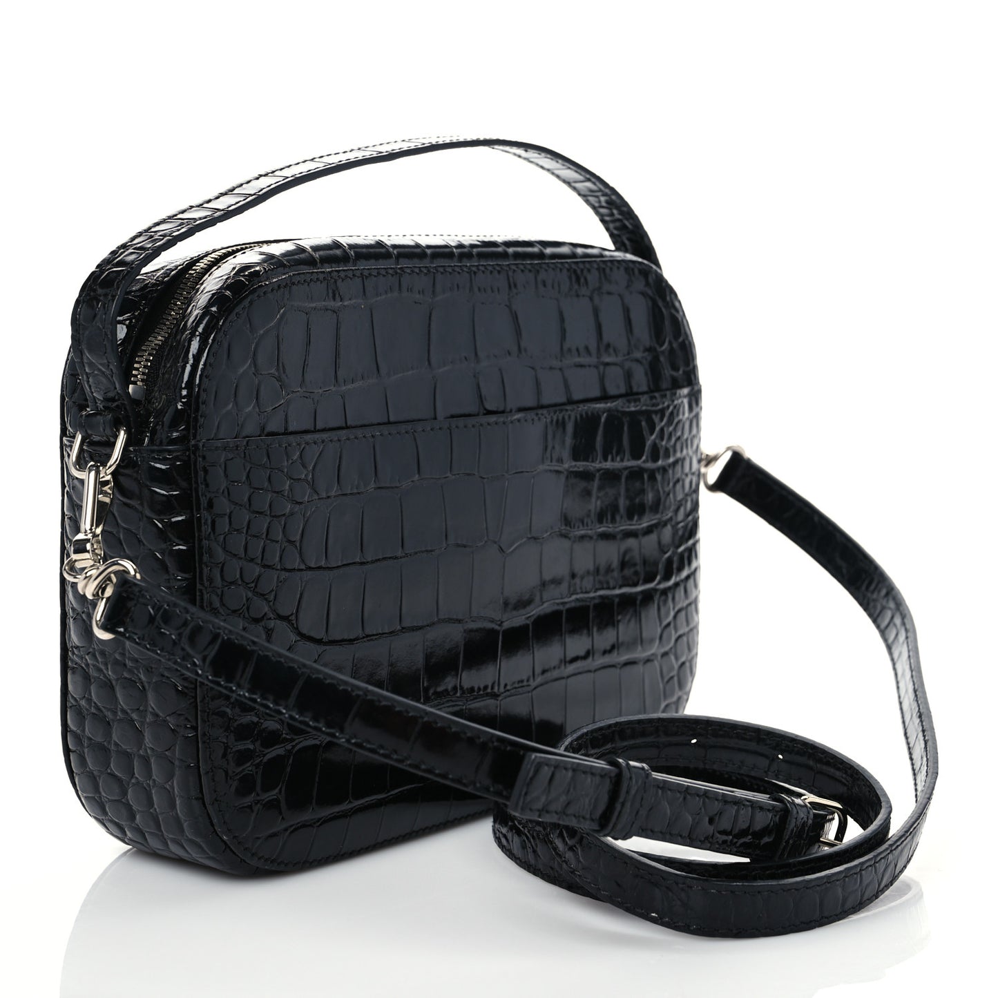 Shiny Calfskin Logo Crocodile Embossed S Everyday Camera Bag with Handle Black