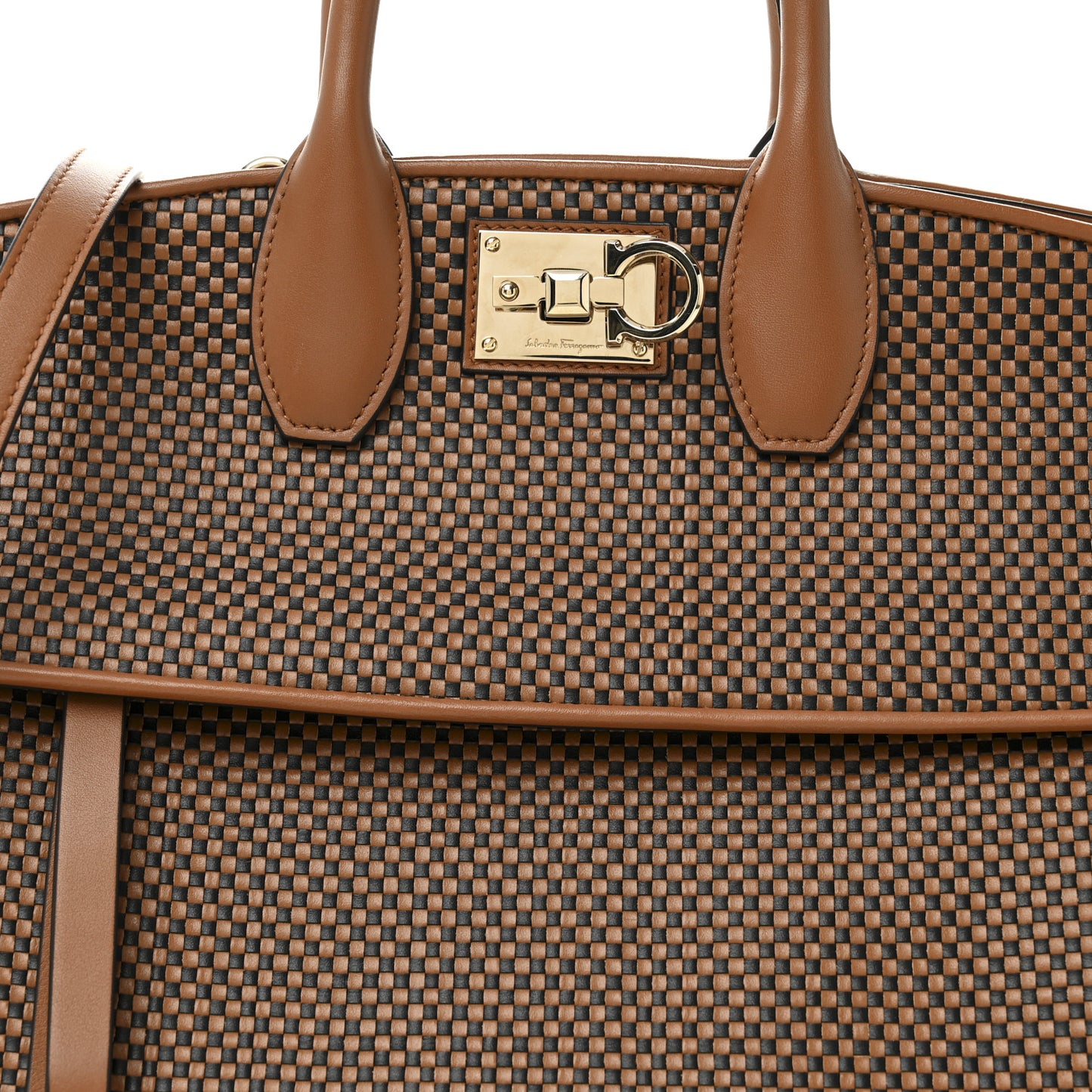 Woven Calfskin Medium Studio Top Handle Bag Tan Black