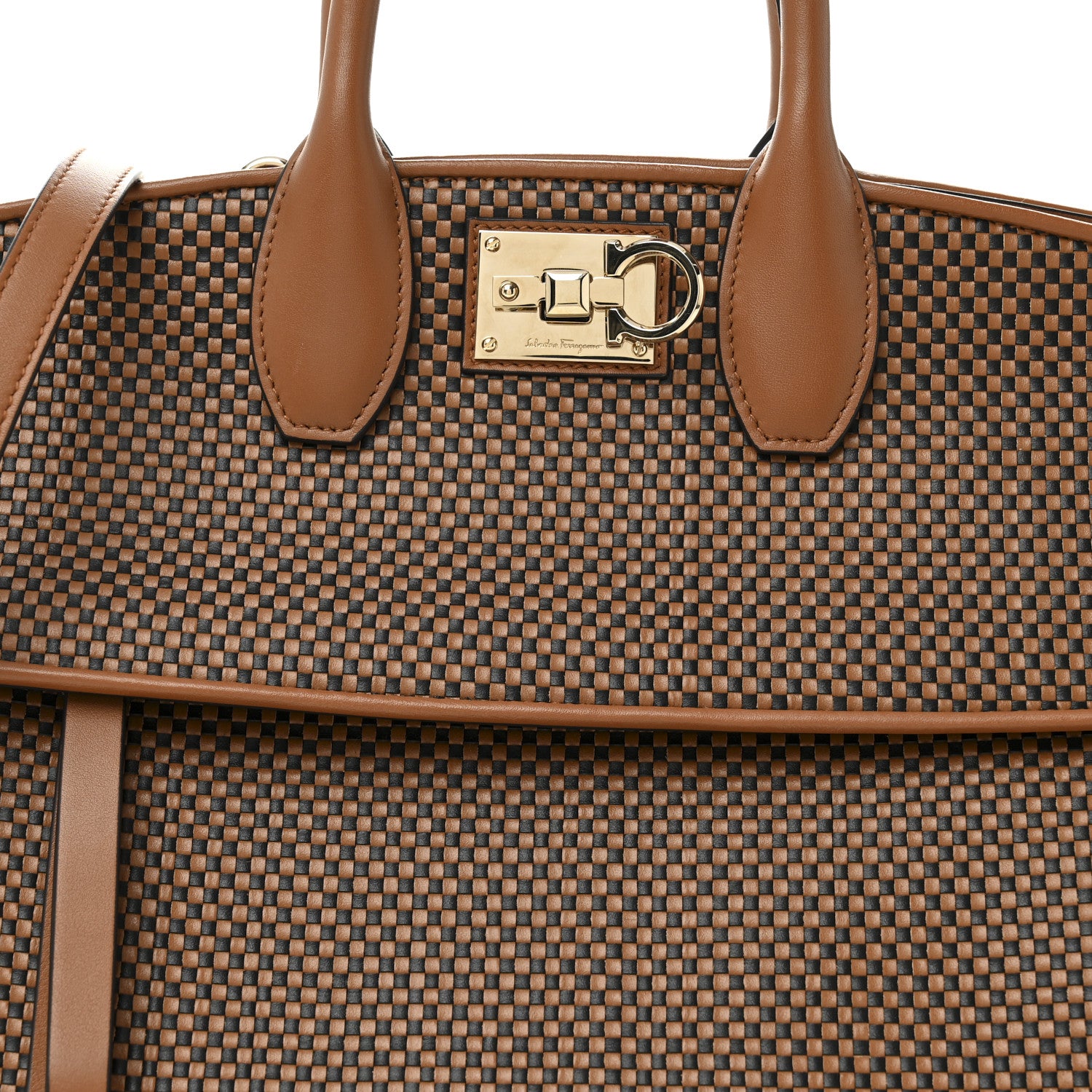 Salvatore Ferragamo Woven Calfskin Medium Studio Top Handle Bag Tan Black 8 of 12