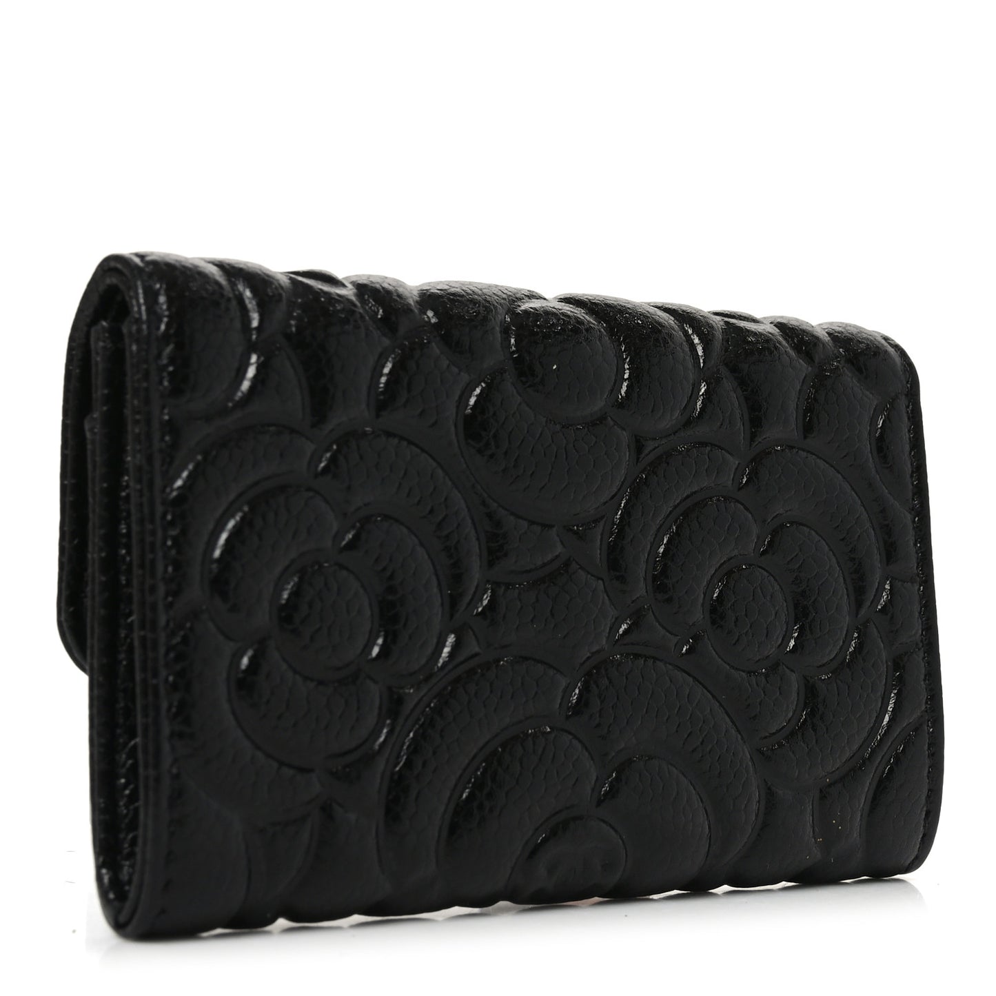 Caviar Camellia Embossed Card Holder Wallet Black