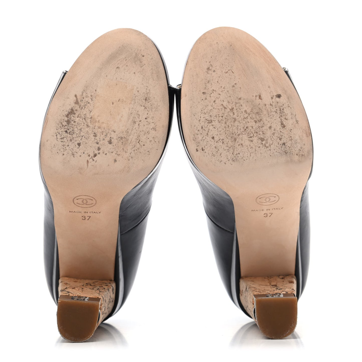 Lambskin Cork Chain CC Peep Toe Pumps 37 Black