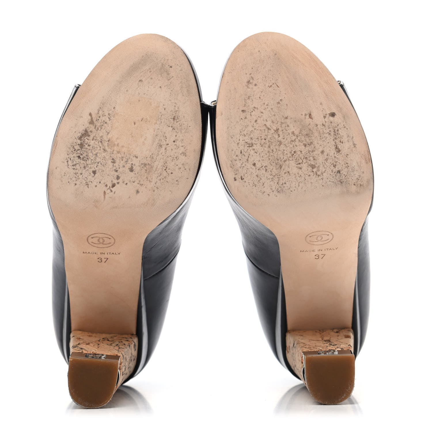Chanel Lambskin Cork Chain CC Peep Toe Pumps 37 Black 4 of 4