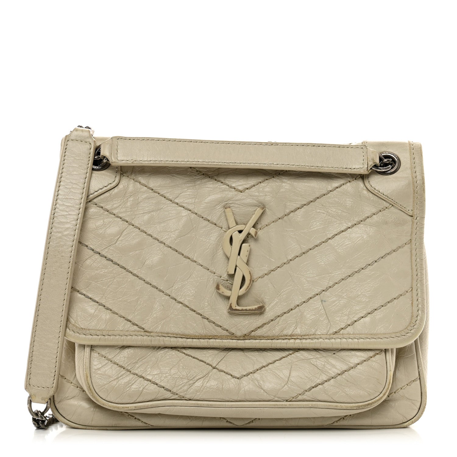 Saint Laurent Crinkled Calfskin Matelasse Monogram Baby Niki Chain Satchel Ivory 1 of 13
