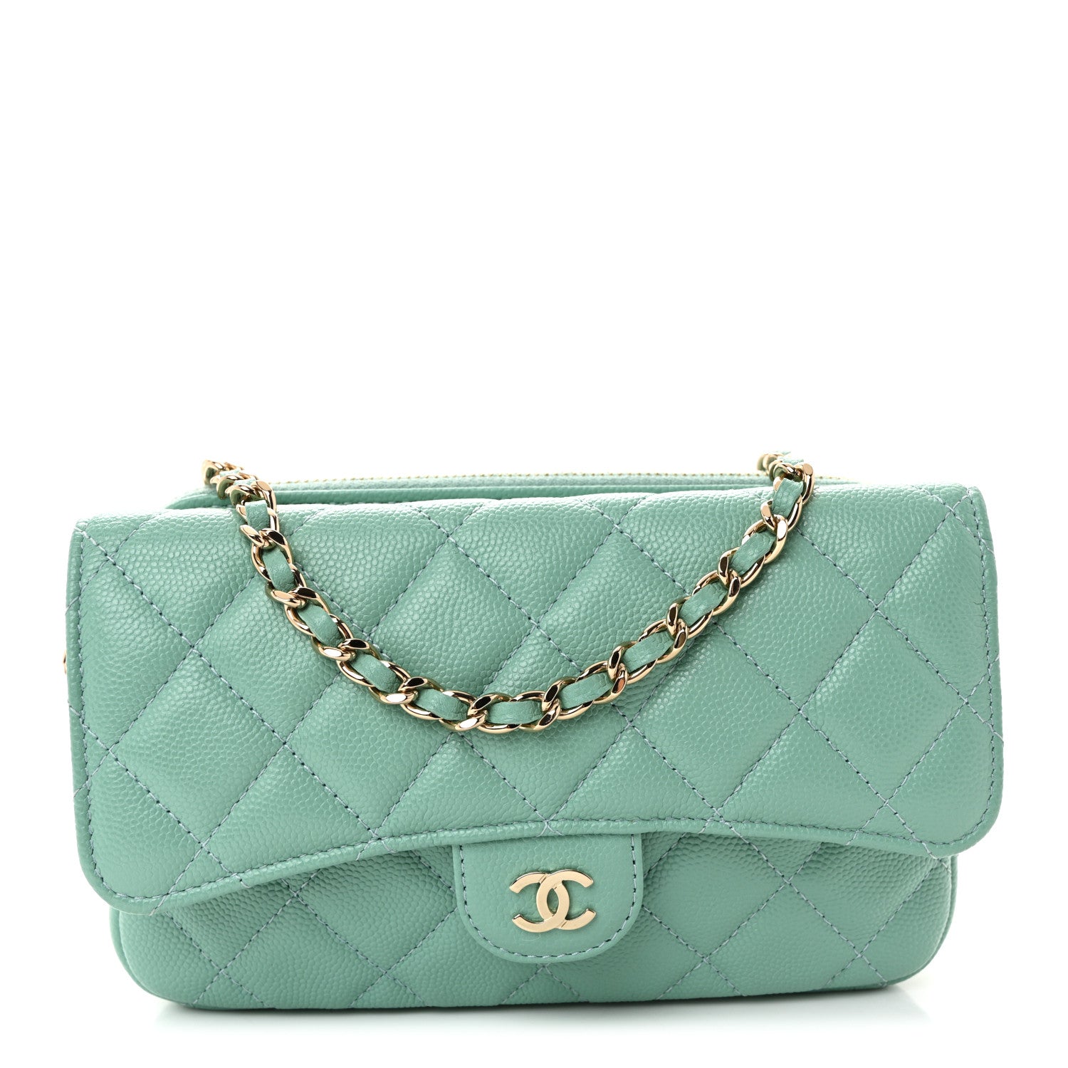 Chanel Caviar Quilted Flap Phone Holder With Chain Turquoise 1 of 11