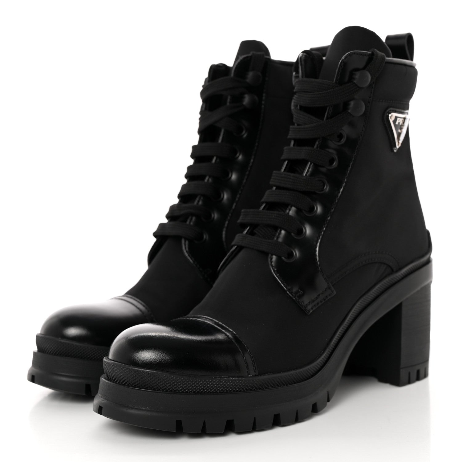 Prada Spazzolato Re-Nylon Metal Triangle Logo Lace Up 85mm Boots 37.5 Black 3 of 11