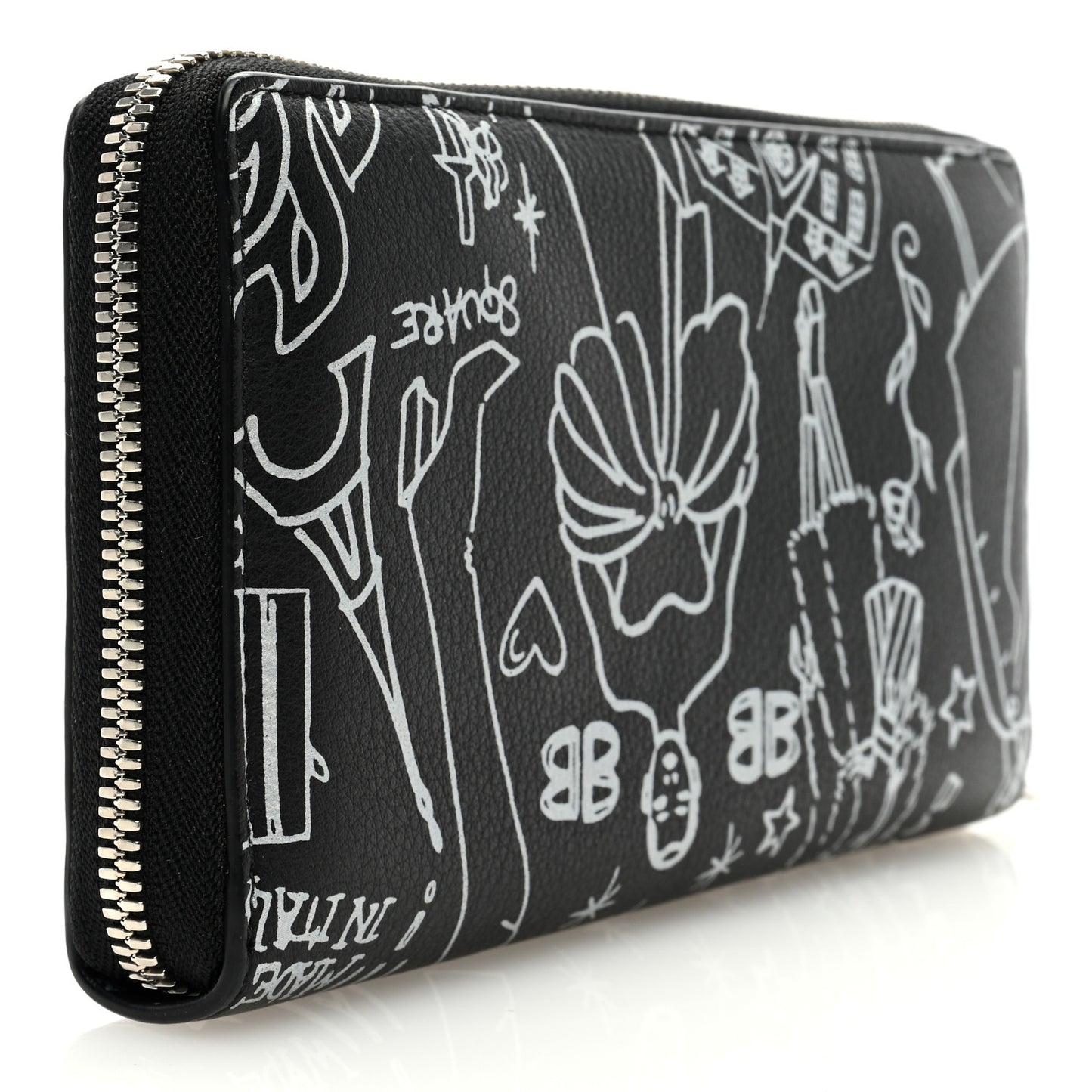 Calfskin Classic Silver Hardware Printed Tattoo Everyday Continental Zip Around Wallet Black
